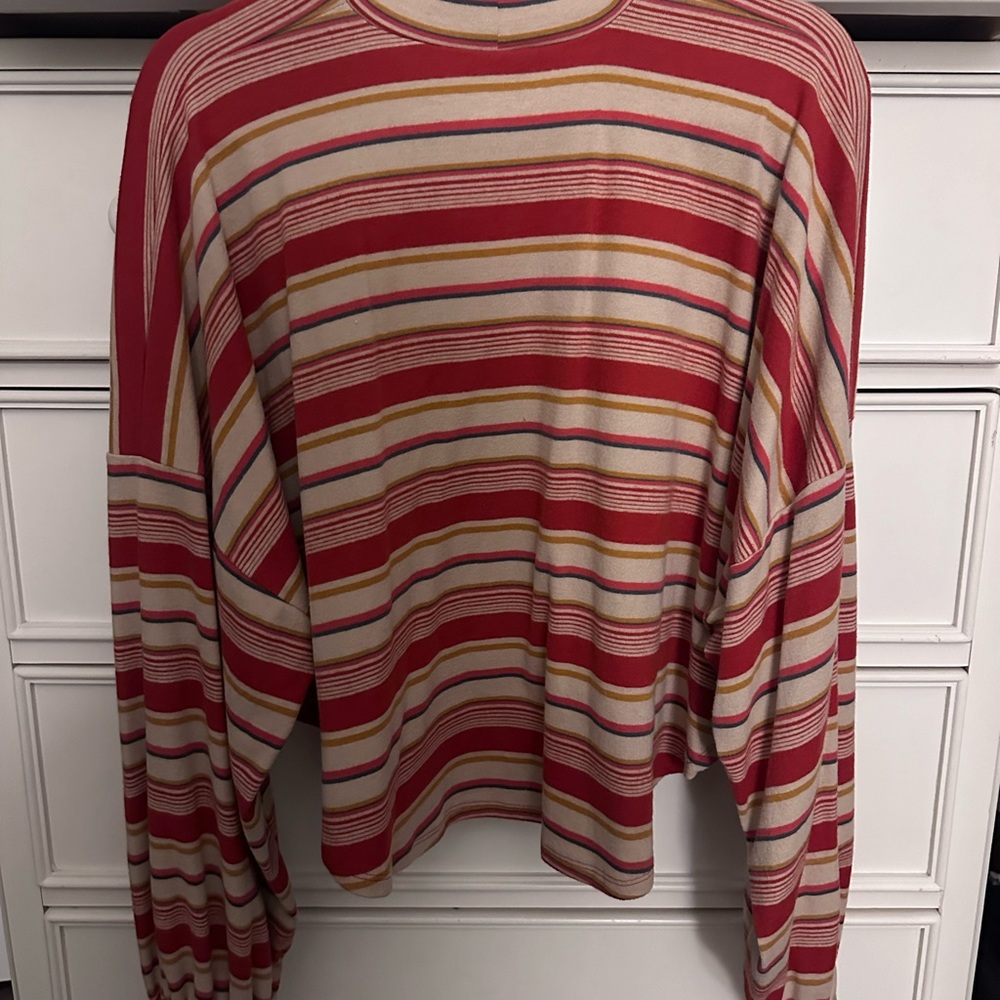Striped Red and Cream Women’s Mock-Neck